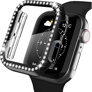 amirite adw03 case bumper cover with tempered glass screen protector compatible with apple iwatch bling diamond rhinestone case for all watch series 42mm black - diamond