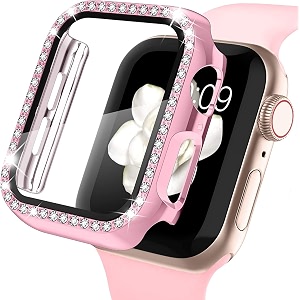 amirite adw03 case bumper cover with tempered glass screen protector compatible with apple iwatch bling diamond rhinestone case for all watch series 44mm rose pink - diamond