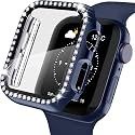 AMiRiTE ADW03 Case Bumper Cover with Tempered Glass Screen Protector Compatible with Apple iWatch Bling Diamond Rhinestone Case for All Watch Series (44MM, Blue - Diamond)