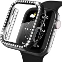 AMiRiTE ADW03 Case Bumper Cover with Tempered Glass Screen Protector Compatible with Apple iWatch Bling Diamond Rhinestone Case for All Watch Series (42MM, Black - Diamond)