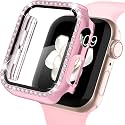AMiRiTE ADW03 Case Bumper Cover with Tempered Glass Screen Protector Compatible with Apple iWatch Bling Diamond Rhinestone Case for All Watch Series (44MM, Rose Pink - Diamond)