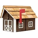 Amish-Made Deluxe Post Mount Wooden Mailbox with Cedar Shingles (Charcoal Brown with White Trim)