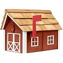Amish-Made Deluxe Post Mount Wooden Mailbox with Cedar Shingles (Red with White Trim)