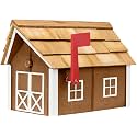 Amish-Made Deluxe Post Mount Wooden Mailbox with Cedar Shingles (Chestnut with White Trim)