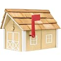 Amish-Made Deluxe Post Mount Wooden Mailbox with Cedar Shingles (Beige with White Trim)