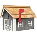 Amish-Made Deluxe Post Mount Wooden Mailbox with Cedar Shingles (Dark Gray with White Trim)