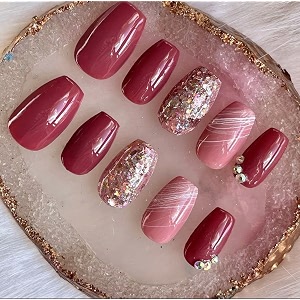 pack of 12 fake nails with glue - uv treated tips handmade reusable press-on nails stone coffin shape nail set elegant and durable artificial nails for women glossy pink
