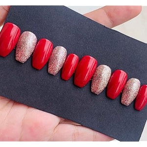 fake nail with glue uv treated nail tip false nails kit all hand made reusable press on nail almon nail tip 12 nail set in one pack red gold