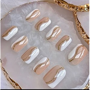 fake nail with glue uv treated nail tip false nails kit all hand made reusable press on nail almon nail tip 12 nail set in one pack white gold