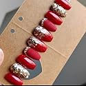 Hand made fake nail with glue UV treated nail tip, false nails kit, all hand made reusable press on nail Coffin shape nail tip 12 nail set in one pack (red chamki)