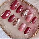 Pack Of 12 Fake Nails with Glue - UV Treated Tips, Handmade Reusable Press-On Nails, Stone Coffin Shape Nail Set, Elegant and Durable Artificial Nails for Women (Glossy Pink)