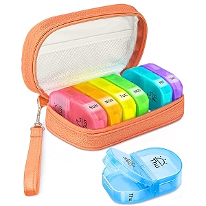 amoos cute pill organizer 2 times a day pu leather pill case for women orange