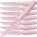 Amorston Steak Knives Set of 8 Stainless Steel Serrated Knives Pink