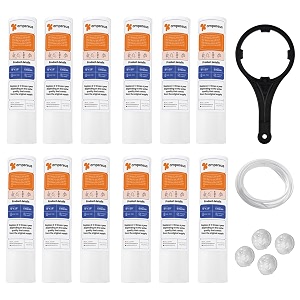ampereus 10 inch 5 micron pp spun pre filter with spanner 2 meter pipe amp 4 antiscalant balls  universal fit for ro water purifier systems  external cartridge for ro units set of 12