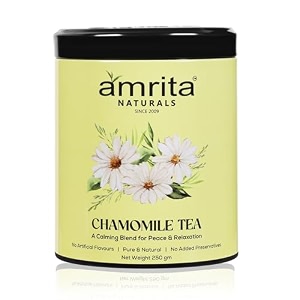amrita naturals chamomile herbal tea  100 natural calming blend with chamomile supports relaxation sleep quality amp stress relief  can be brewed in hot or cold water  250g