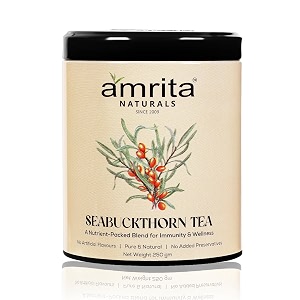 amrita naturals seabuckthorn herbal tea  100 pure amp natural  immunity boosting antioxidant rich blend with lemon ginger green tea amp basil  no preservatives  250g