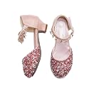 Amtidy Girls Glitter Bow Low Heel Princess Shoes, Mary Jane Ankle Strap Dress Pumps for Wedding Birthday Party Performance