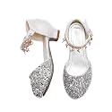 Amtidy Girls Glitter Bow Low Heel Princess Shoes, Mary Jane Ankle Strap Dress Pumps for Wedding Birthday Party Performance