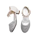 Amtidy Girls Glitter Bow Low Heel Princess Shoes, Mary Jane Ankle Strap Dress Pumps for Wedding Birthday Party Performance