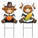 Amyhill 2 Pcs Thanksgiving Pilgrim Highland Cow Metal Garden Stakes Cow Figurines Outdoor Yard Decorations with Stakes Calf Statue Gifts Farmhouse Decor Sign for Home Lawn Porch Backyard Holiday Decor