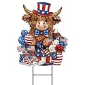 Amyhill 4th of July Highland Cow Metal Garden Stakes Patriotic American Flag Red White Blue Outdoor Yard Decorations with Stakes Independence Day Decor Sign for Home Lawn Porch Backyard Holiday Decor