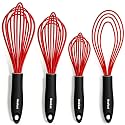 Anaeat Silicone Kitchen Whisk Set of 4, Perfect for Non-Stick Cookware, Milk and Egg Beater Blender for Whisking, Cooking, Baking, Beating - 11'' Flat Whisk and 9''+11''+12'' Balloon Whisks (Re