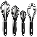 Anaeat Silicone Kitchen Whisk Set of 4, Perfect for Non-Stick Cookware, Egg Beater Milk ​Blender for Whisking, Cooking, Baking, Beating - 11'' Flat Whisk and 9''+11''+12'' Balloon Whisks (Black
