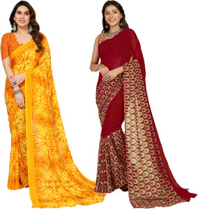 anand sarees floral print polka print ombre printed bollywood georgette saree pack of 2 red yellow