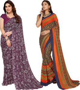 anand sarees floral print polka print ombre printed bollywood georgette saree pack of 2 orange dark blue purple