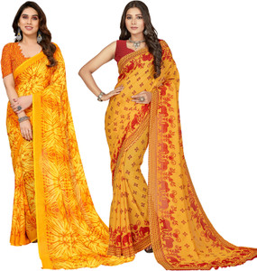 anand sarees floral print polka print ombre printed bollywood georgette saree pack of 2 yellow red