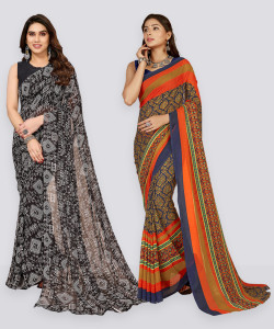 anand sarees floral print polka print ombre printed bollywood georgette saree pack of 2 orange dark blue black