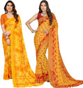 Anand Sarees Floral Print, Polka Print, Ombre, Printed Bollywood Georgette Saree (Pack of 2, Yellow, Red)