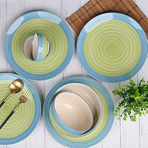 vareesha ananda blue green ceramic 14 piece dinner set - 6 plates 6 veg bowls 2 serving bowls microwave and dishwasher safebone ash free