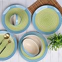 VarEesha Ananda Blue Green Ceramic 14 Piece Dinner Set - 6 Plates, 6 Veg Bowls, 2 Serving Bowls| Microwave and Dishwasher Safe|Bone Ash Free