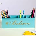 anantam homes 4 Compartment Believe Desk Organizer Pen Pencil Caddy Storage Box For Office, School, Home Stationery, Study Table Organizer &amp; Art Supplies Accessories With Four Slots, Metal (Aqua)