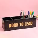 anantam homes 4 Compartment Born To Lead Desk Organizer Pen Pencil Caddy Storage Box For Desktop Office, School, Home Stationery, Study Table Organizer With Four Slots, Metal (Textured Black)