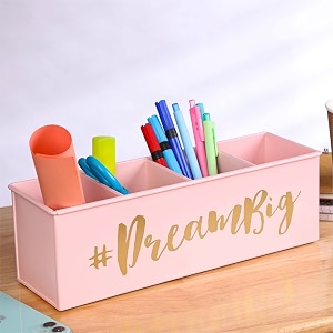 anantam homes multi-functonal desk organizer with 4 compartments office supplies organiser stylish metal desk organizer for storage pen staplers clips sticky notes dream big light pink stationery