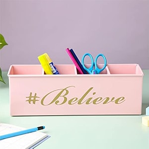 anantam homes quoted desk organizer with 4 compartments for office table  stylish metal desk organizer  stationary storage  pencil holder for office homebelieve light pink