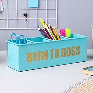 anantam homes quoted desk organizer with 4 compartments for office table  stylish metal desk organizer  stationary storage  pencil holder for office home and study table born to boss aqua