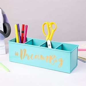 anantam homes quoted desk organizer with 4 compartments for office table  stylish metal desk organizer  stationary storage  pencil holder for office home and study table dream big aqua