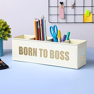 anantam homes quoted desk organizer with 4 compartments for office table  stylish metal desk organizer  stationary storage  pencil holder for office home and study table born to boss ivory