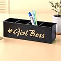 anantam homes quoted desk organizer with 4 compartments for office table | stylish Metal Desk Organizer | Stationary Storage | Pencil Holder for Office, Home, and Study Table (Girl Boss) Black