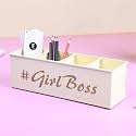 anantam homes quoted desk organizer with 4 compartments for office table | stylish Metal Desk Organizer | Stationary Storage | Pencil Holder for Office, Home, and Study Table (Girl Boss) Ivory