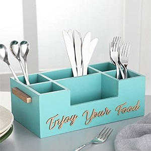 anantam homes six compartment modern wooden cutlery holder spoon knife fork chopstick caddy self organizer multipurpose stand for home kitchen dining tableware restaurant office amp daily use aqua