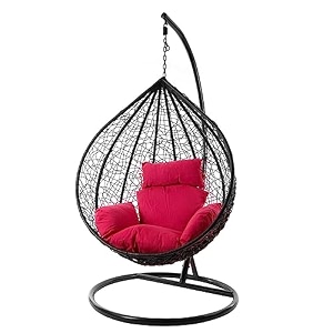 anantdrishti black hanging swing chair with pink cushion  single seater with metal stand  uv resistant wicker  indoor outdoor balcony garden patio lounge chair