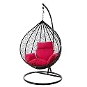 ANANTDRISHTI Black Hanging Swing Chair with Pink Cushion | Single Seater with Metal Stand | UV Resistant Wicker | Indoor Outdoor Balcony Garden Patio Lounge Chair