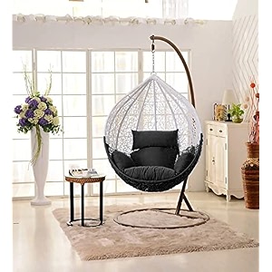 anantdrishti black metal swing chair with cream cushion  single seater with stand  uv protected wicker  indoor outdoor use for balcony patio garden