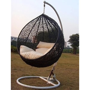 anantdrishti black metal swing chair with cream cushion  single seater with stand  uv protected wicker  indoor outdoor use for balcony patio garden