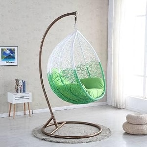anantdrishti black metal swing chair with cream cushion  single seater with stand  uv protected wicker  indoor outdoor use for balcony patio garden
