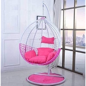 anantdrishti black metal swing chair with cream cushion  single seater with stand  uv protected wicker  indoor outdoor use for balcony patio garden